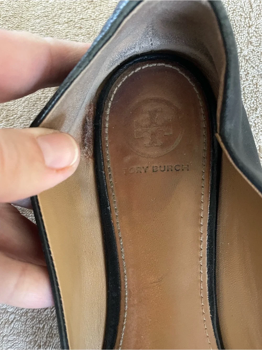 Tory Burch Black Leather Ballet Flats with Gold Logo Medallion
